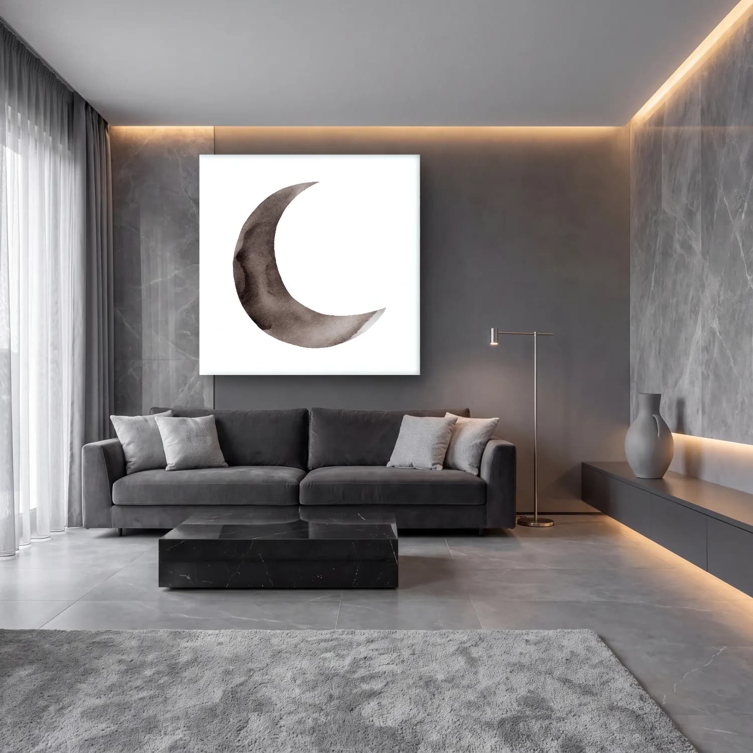 Siyah Beyaz Ay ve Gece cam tablo — lüks salon duvarında