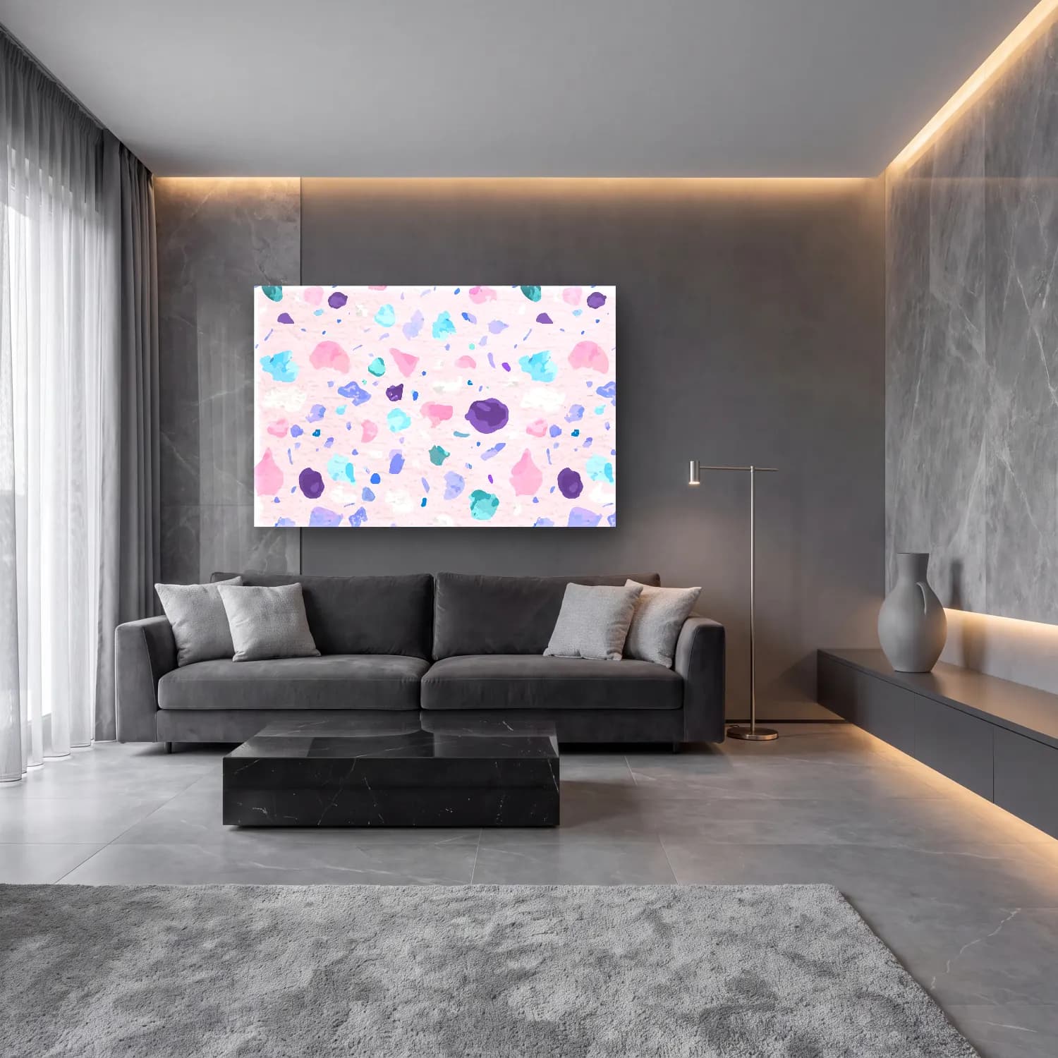 Pastel Mermer Doku – Pembe Tonlar cam tablo — lüks salon duvarında
