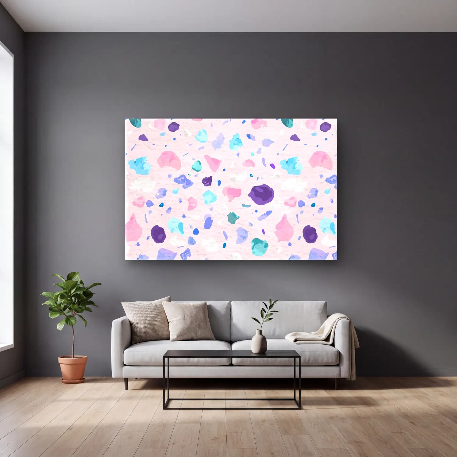 Pastel Mermer Doku – Pembe Tonlar cam tablo — gri duvarlı salonda
