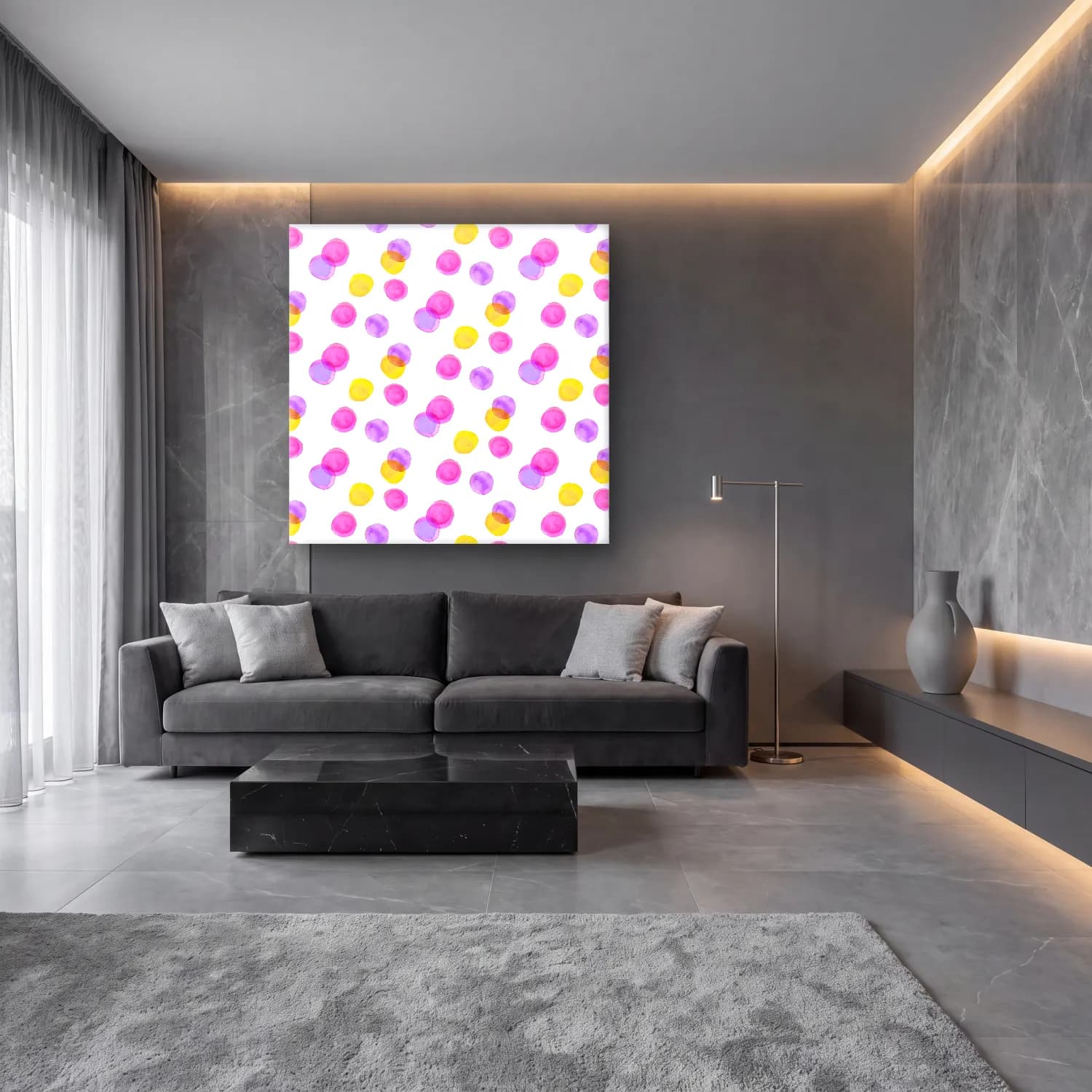 Pastel Çiçek Deseni No. 39 cam tablo — lüks salon duvarında