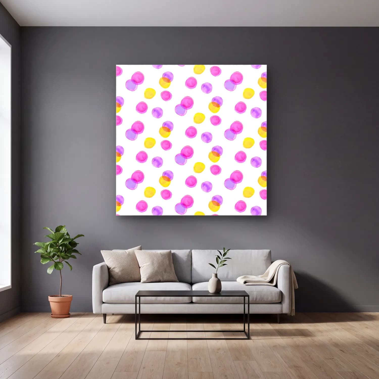 Pastel Çiçek Deseni No. 39 cam tablo — gri duvarlı salonda