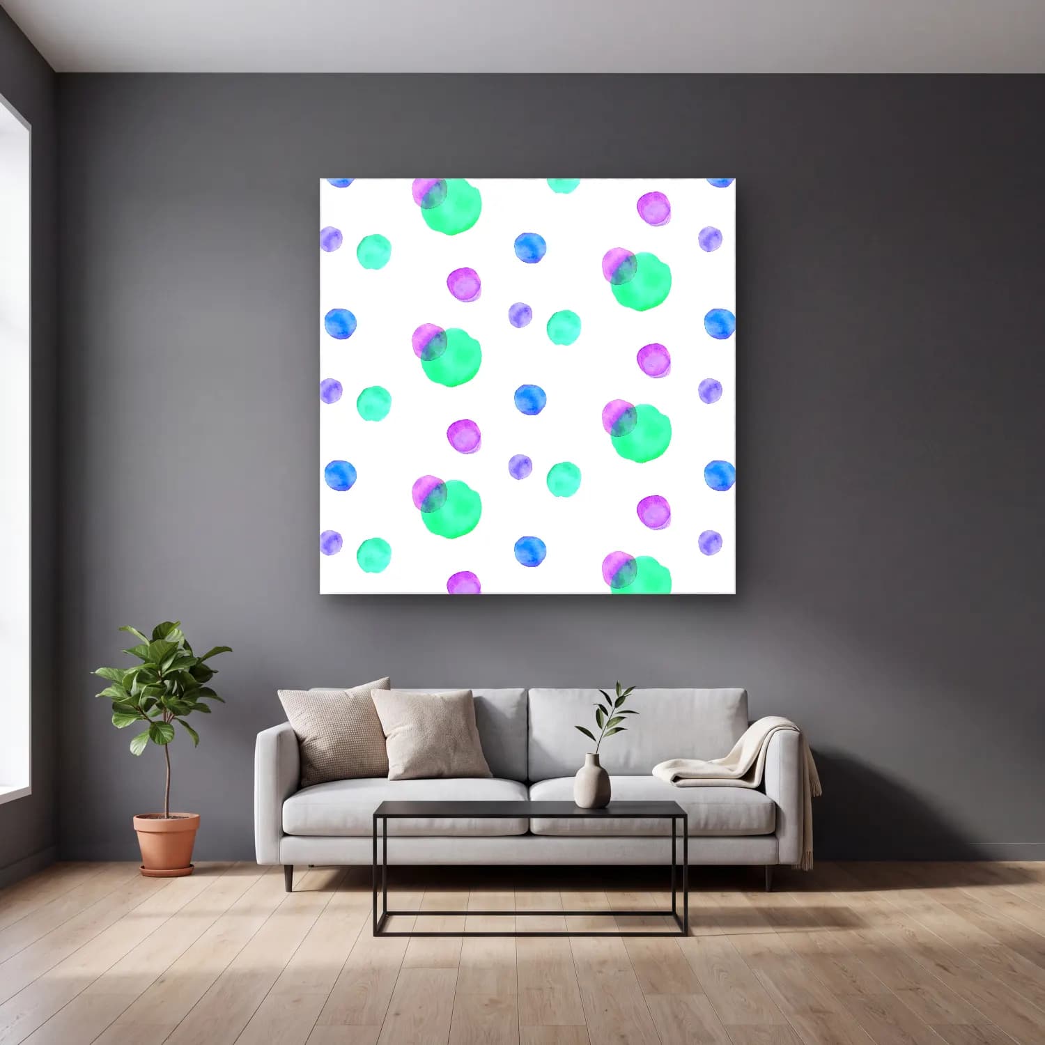 Pastel Çiçek Deseni No. 40 cam tablo — gri duvarlı salonda
