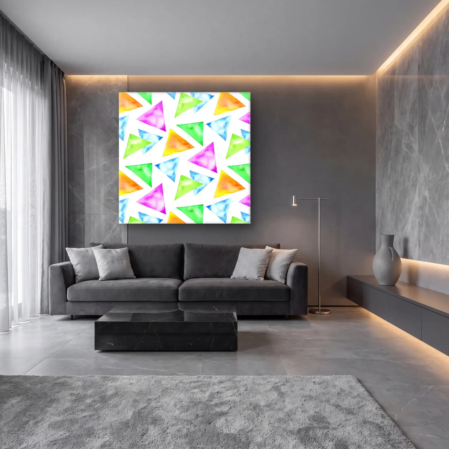 Pastel Soyut Formlar cam tablo — lüks salon duvarında