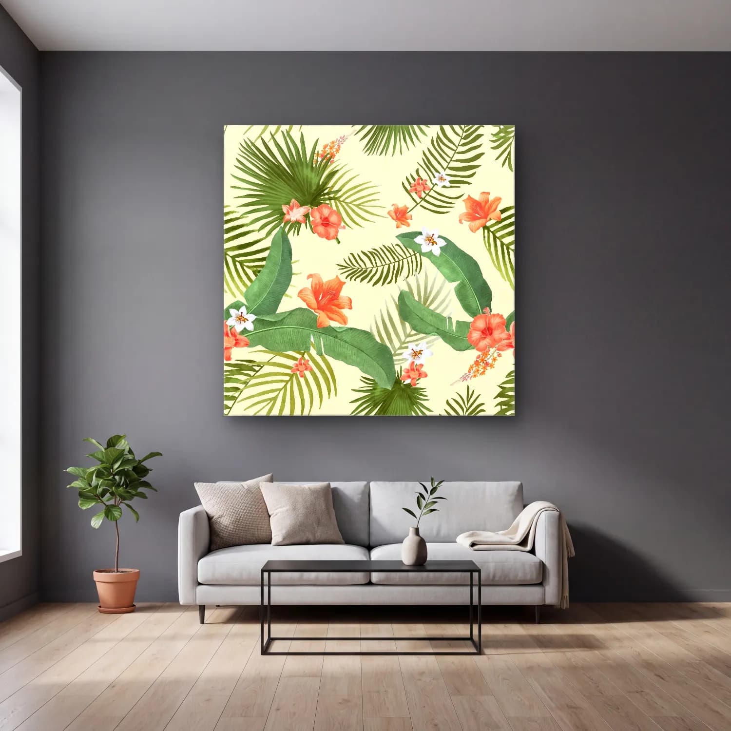 Pastel Çiçek Deseni No. 42 cam tablo — gri duvarlı salonda