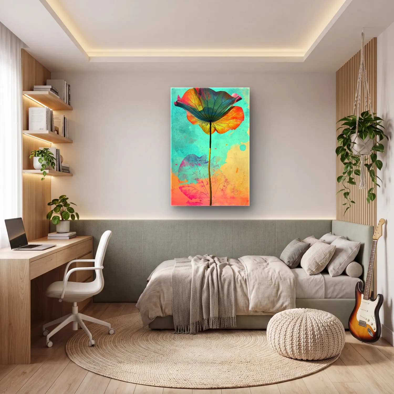 Suluboya Lotus Çiçekleri – Turkuaz Tonlar cam tablo — genç odasında