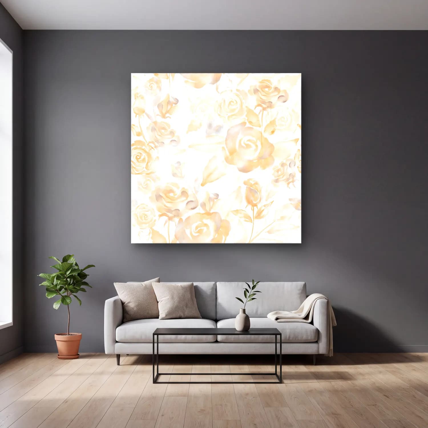 Pastel Çiçek Deseni No. 47 cam tablo — gri duvarlı salonda