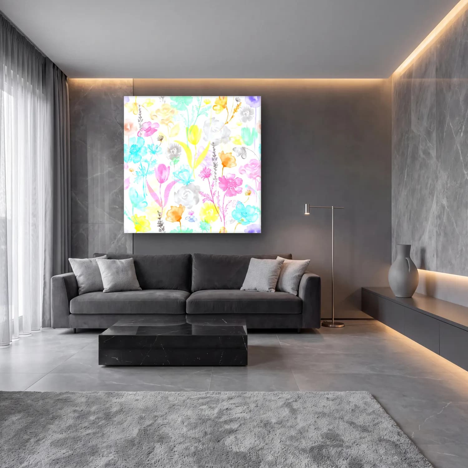 Pastel Çiçek Deseni No. 48 cam tablo — lüks salon duvarında