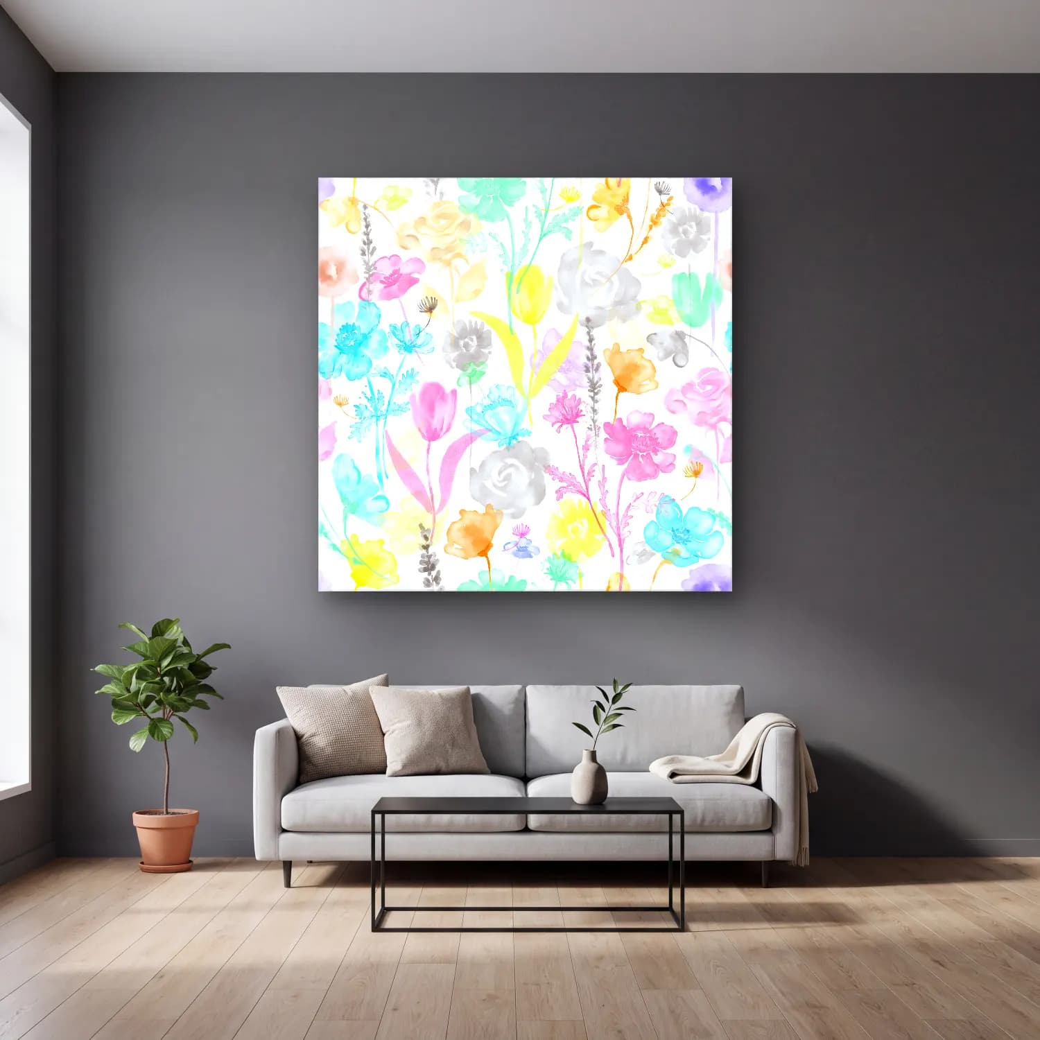 Pastel Çiçek Deseni No. 48 cam tablo — gri duvarlı salonda