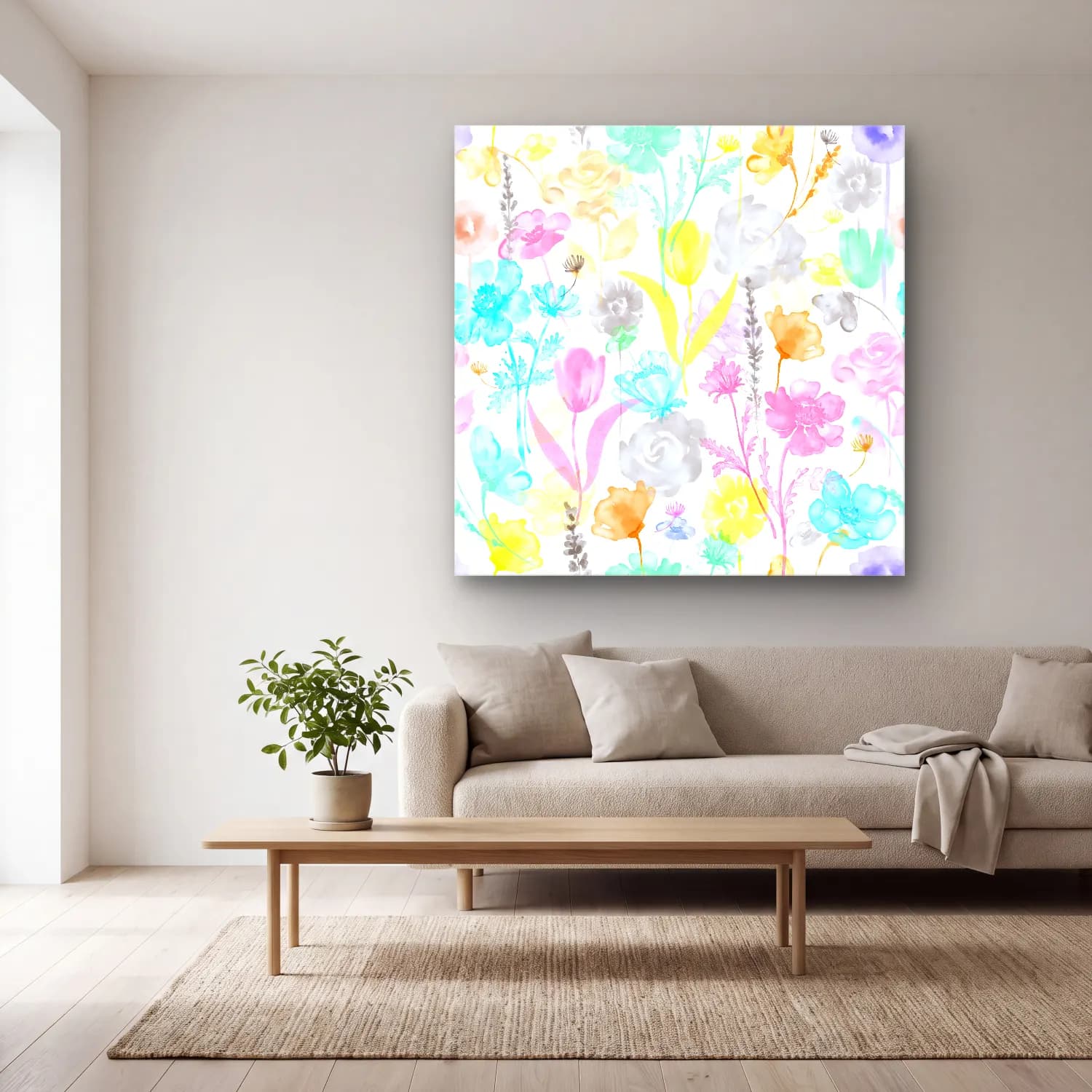 Pastel Çiçek Deseni No. 48 cam tablo — açık renk salonda