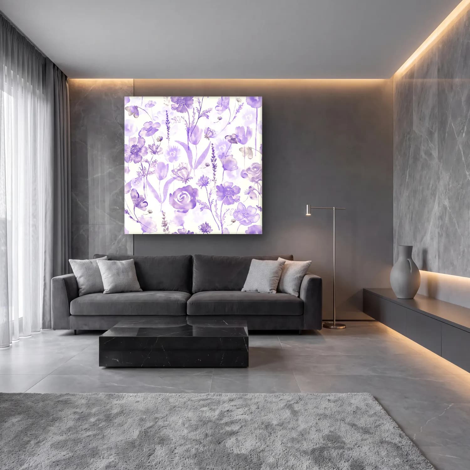 Pastel Çiçek Deseni No. 49 cam tablo — lüks salon duvarında