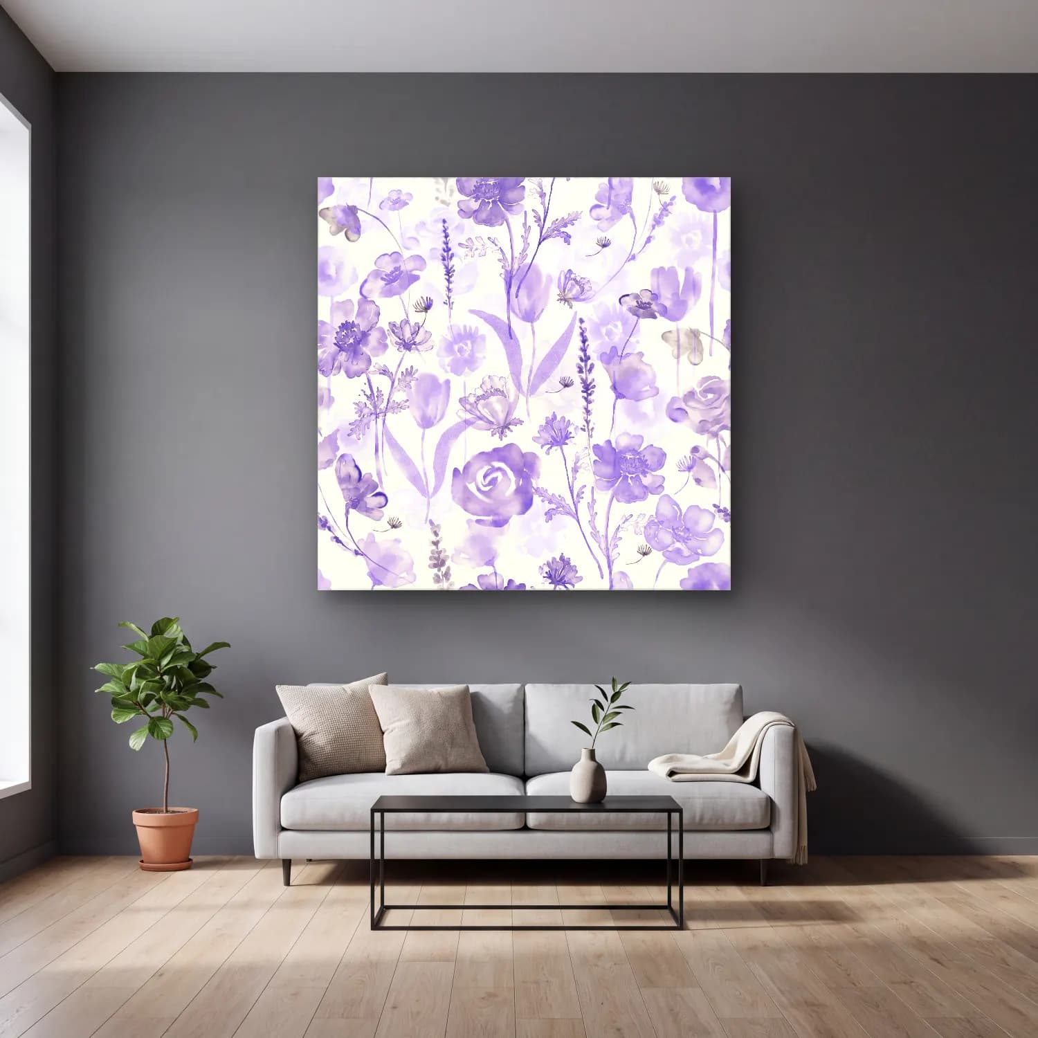 Pastel Çiçek Deseni No. 49 cam tablo — gri duvarlı salonda