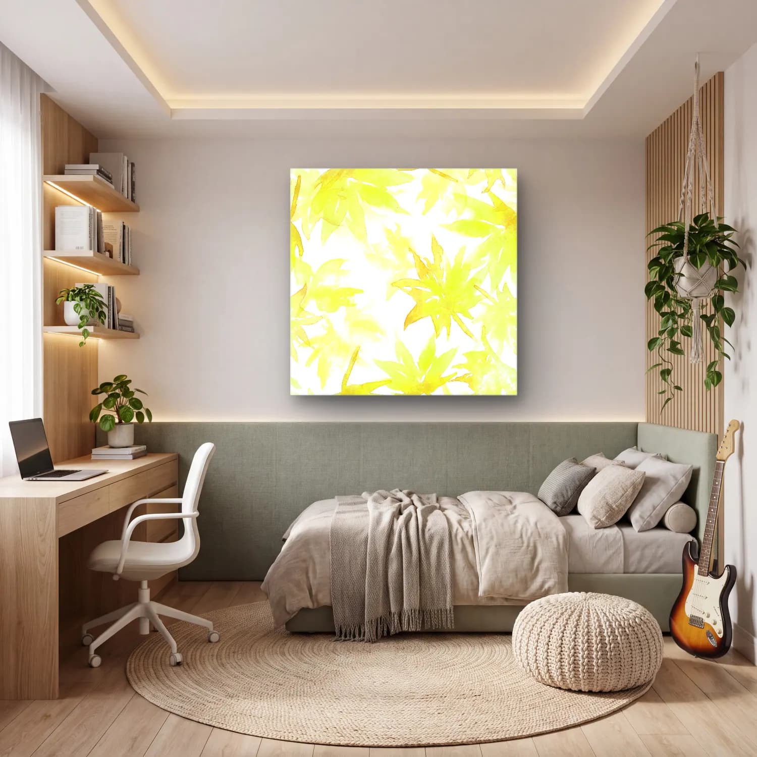 Pastel Botanik Yapraklar – Sarı Tonlar cam tablo — genç odasında