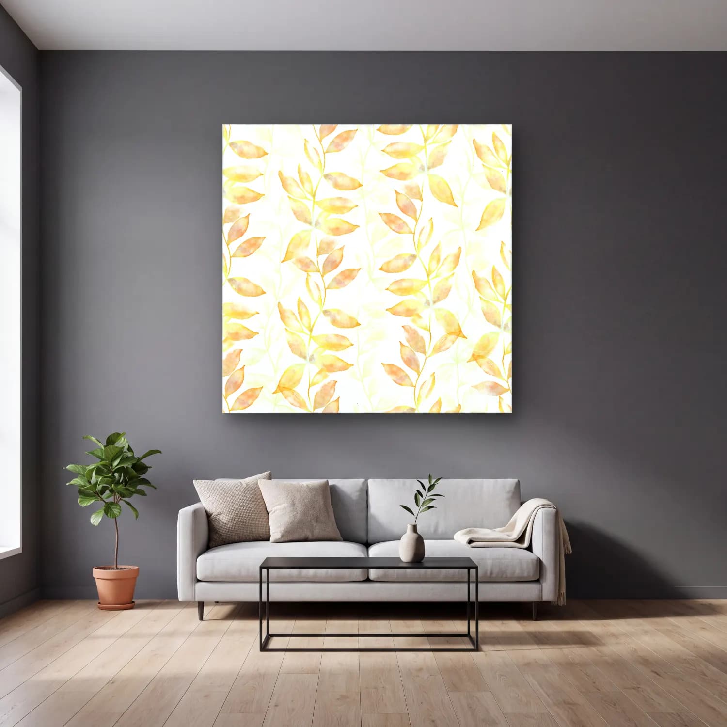 Pastel Çiçek Deseni No. 51 cam tablo — gri duvarlı salonda