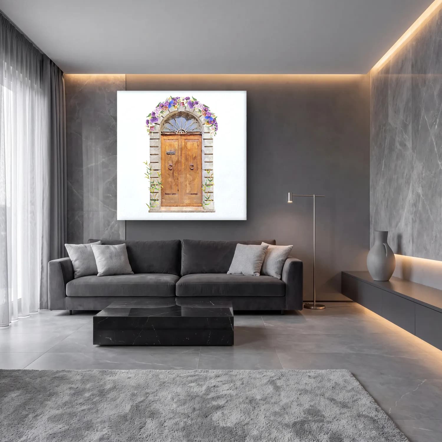 Suluboya Kapı – Mor Tonlar cam tablo — lüks salon duvarında