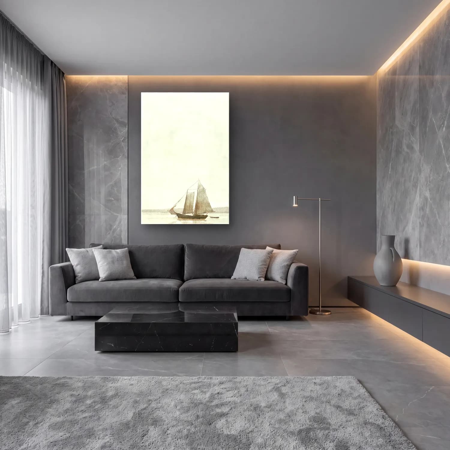 Çizgi Sanatı Yelken Yarışı No. 4 cam tablo — lüks salon duvarında
