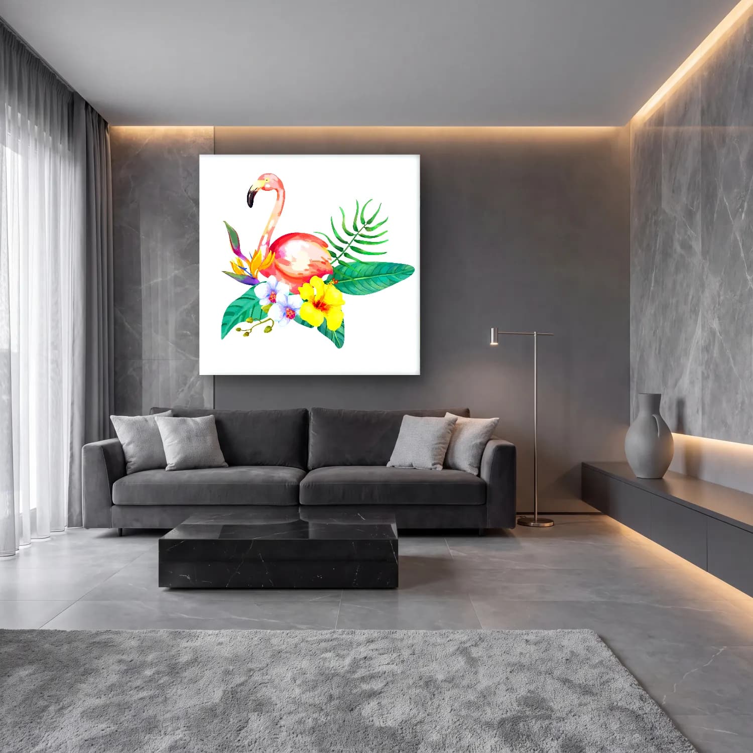 Suluboya Flamingo – Pembe Tonlar cam tablo — lüks salon duvarında