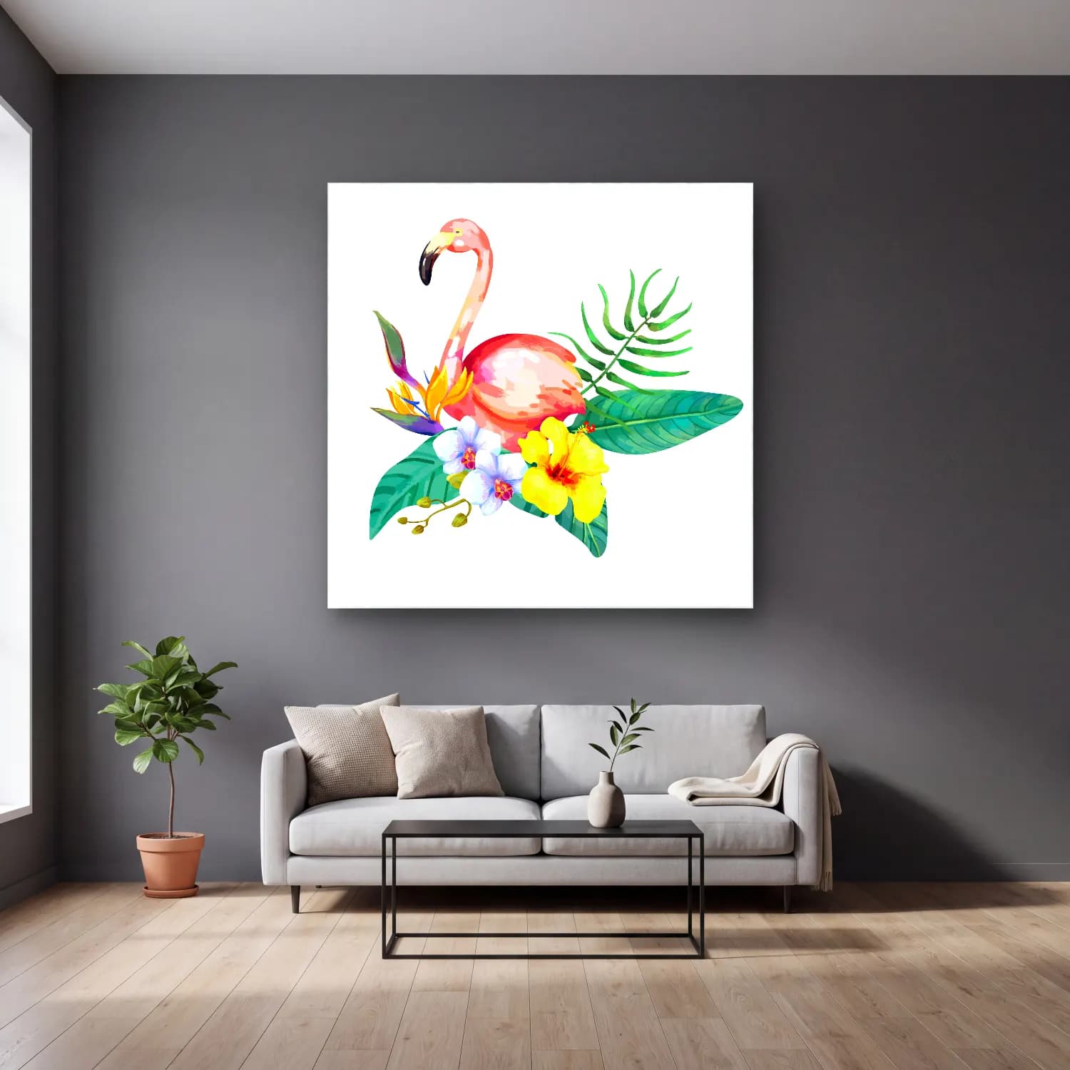 Suluboya Flamingo – Pembe Tonlar cam tablo — gri duvarlı salonda
