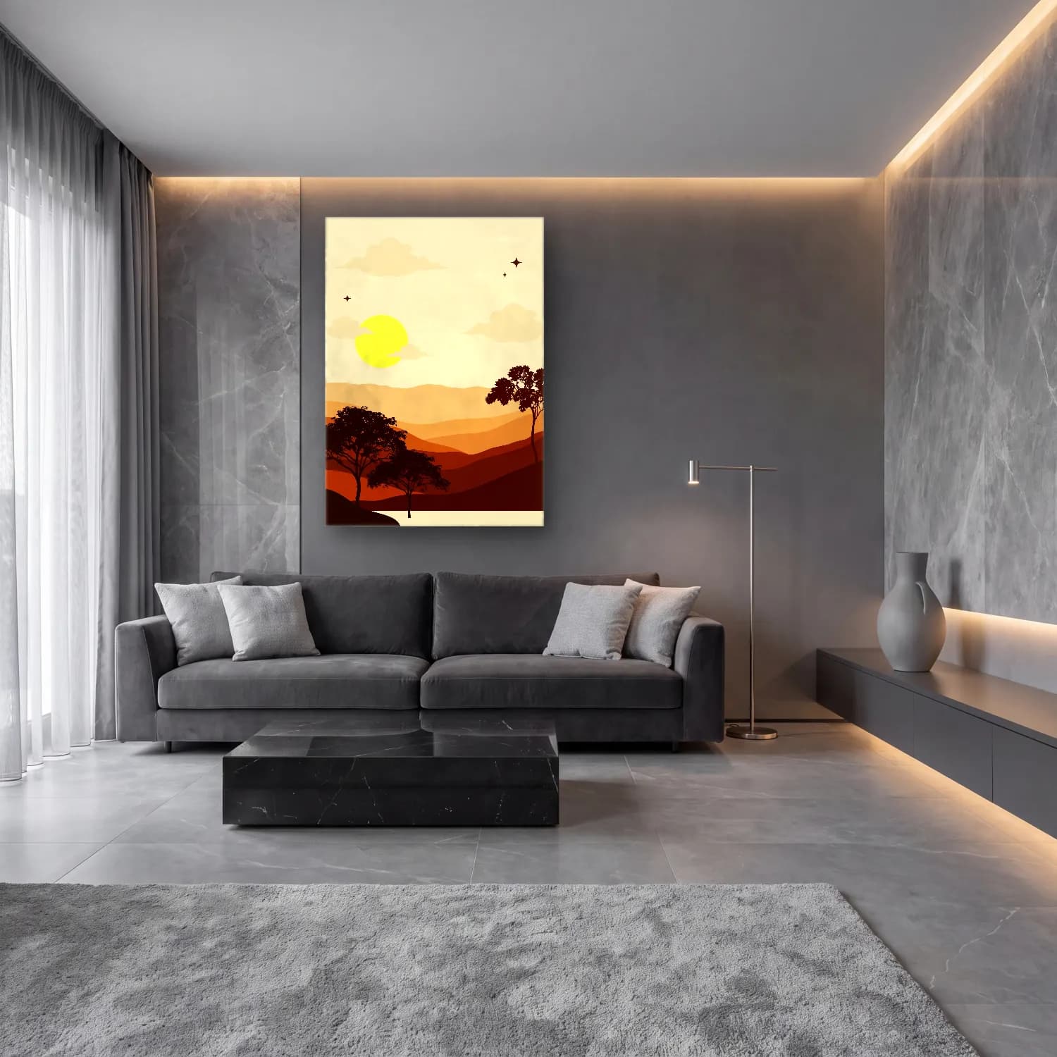 Vintage Dağ Manzarası cam tablo — lüks salon duvarında