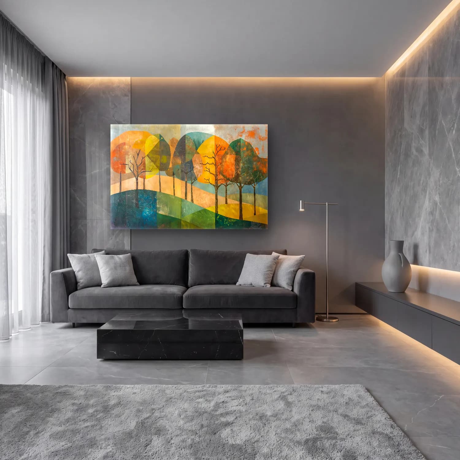 Modern Soyut Sonbahar Ağaçları – Sarı Tonlar cam tablo — lüks salon duvarında