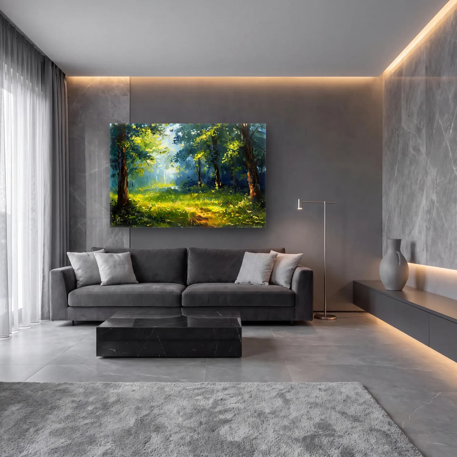 Yağlı Boya Orman cam tablo — lüks salon duvarında