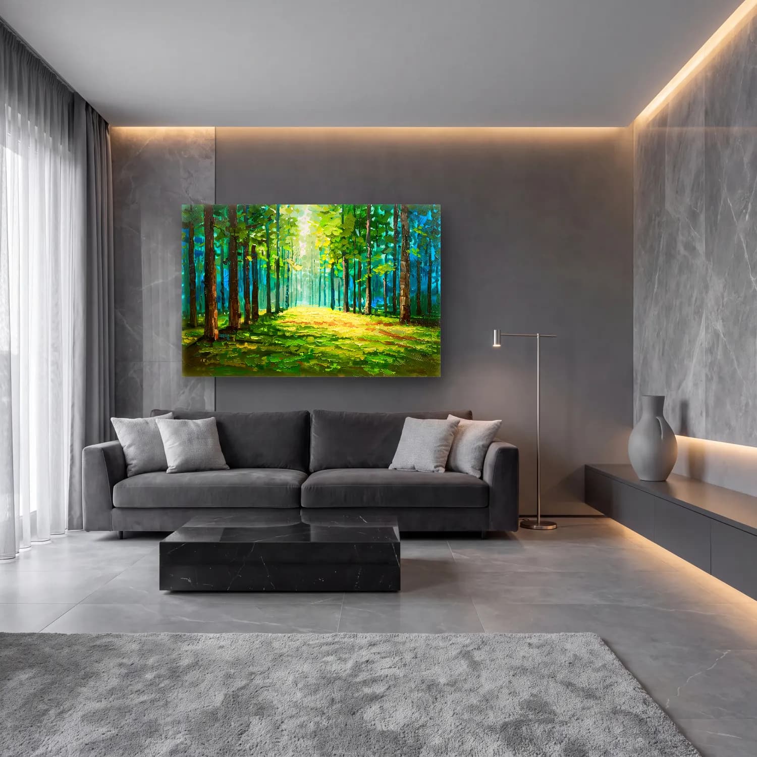 Yağlı Boya Orman – Yeşil Tonlar cam tablo — lüks salon duvarında