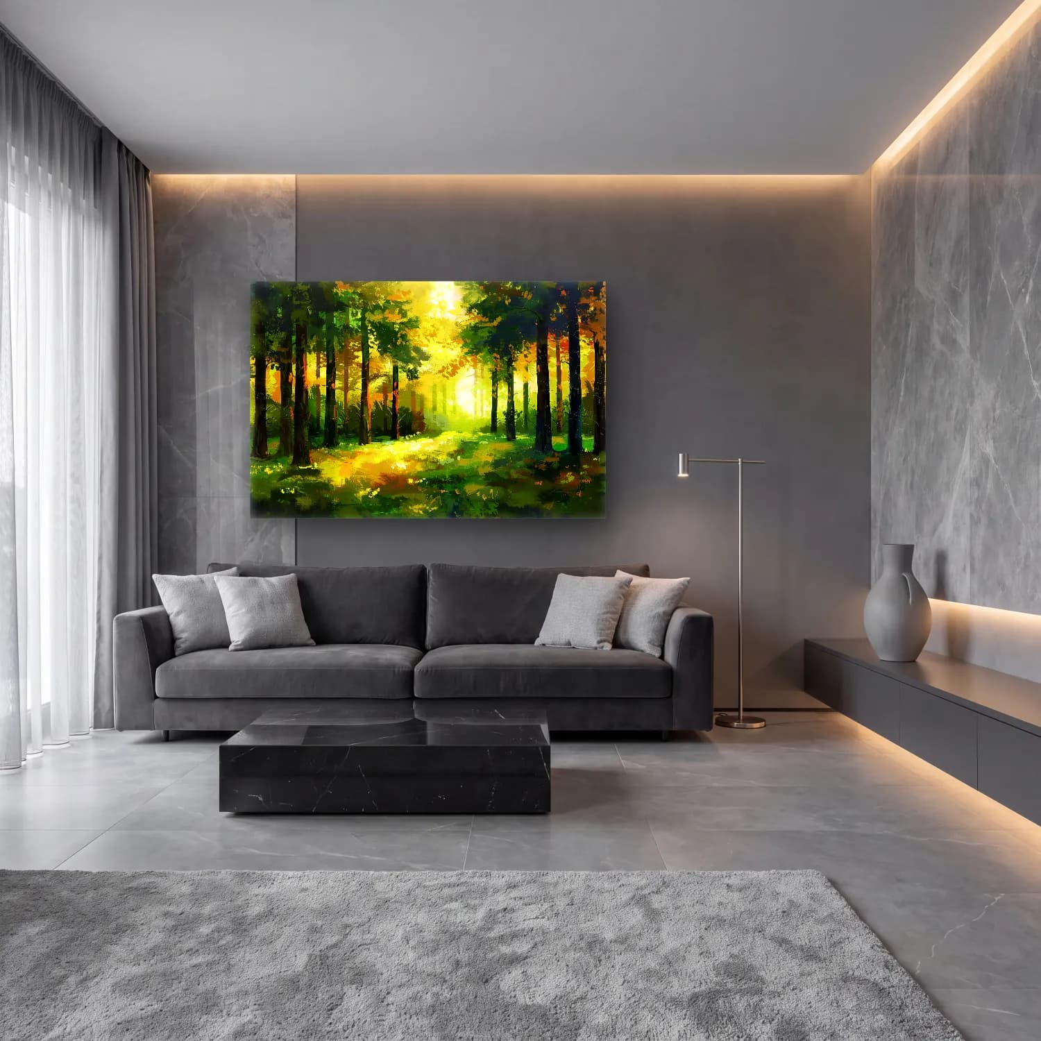 Yağlı Boya Orman No. 4 cam tablo — lüks salon duvarında
