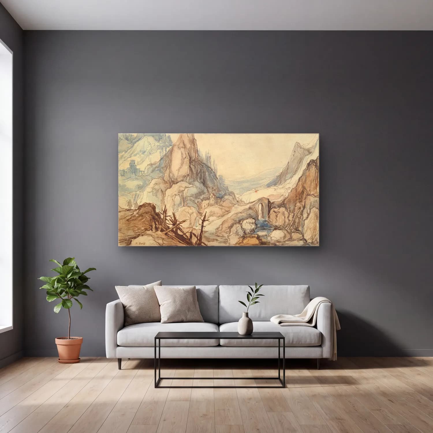 Jan Brueghel The Elder – Mountainous Landscape (17th century) cam tablo — gri duvarlı salonda