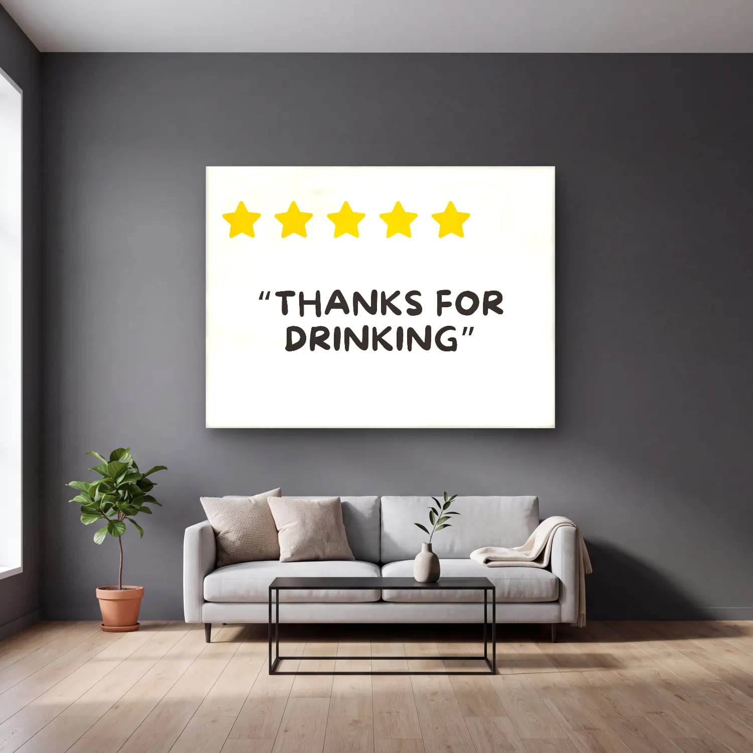 Çizgi Sanatı Söz Posteri – Sarı Tonlar cam tablo — gri duvarlı salonda
