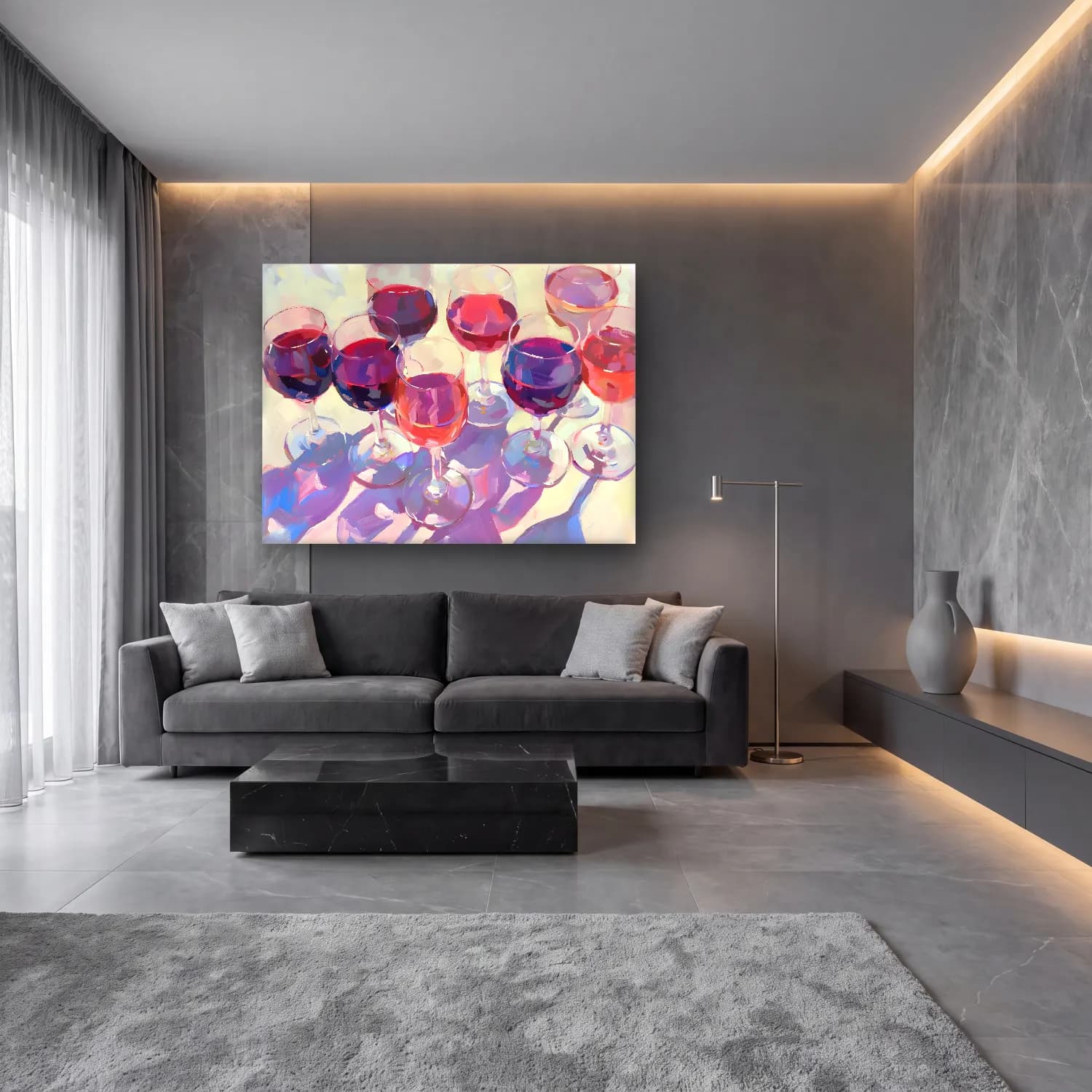 Yağlı Boya Kadeh Şarap – Pembe Tonlar cam tablo — lüks salon duvarında