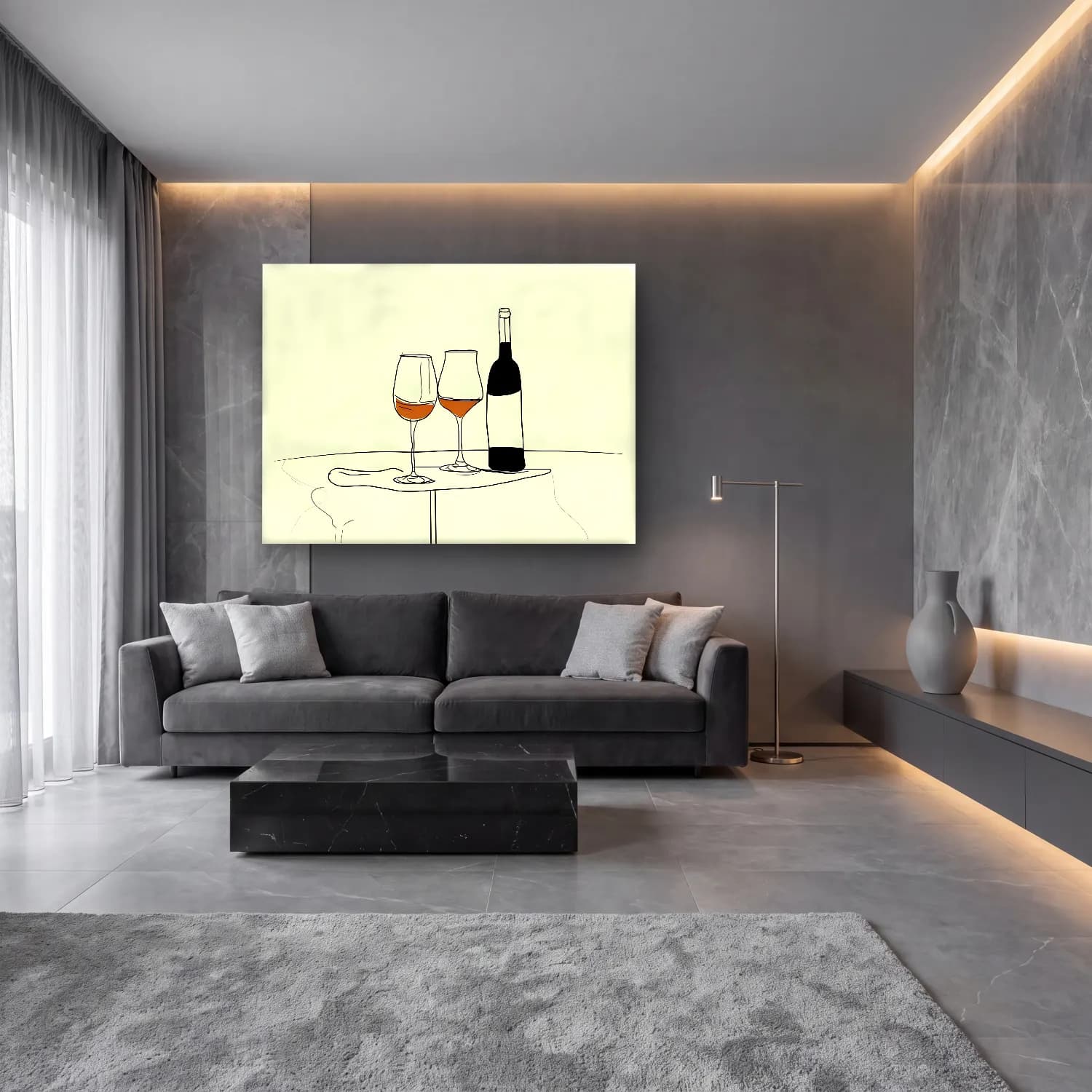 Çizgi Sanatı Kadeh Şarap – Bej Tonlar cam tablo — lüks salon duvarında