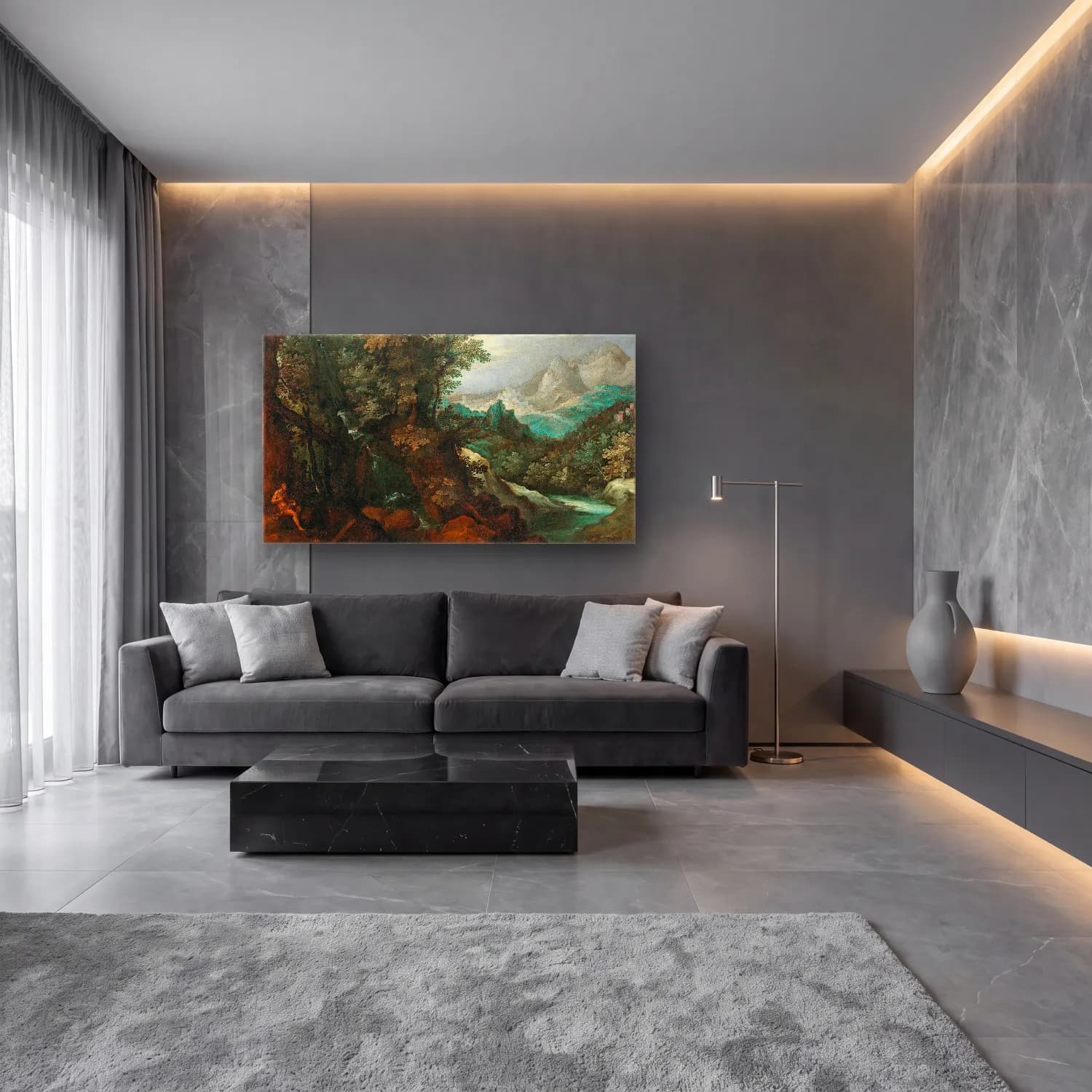 Paul Bril – A mountainous river landscape with a hermit cam tablo — lüks salon duvarında