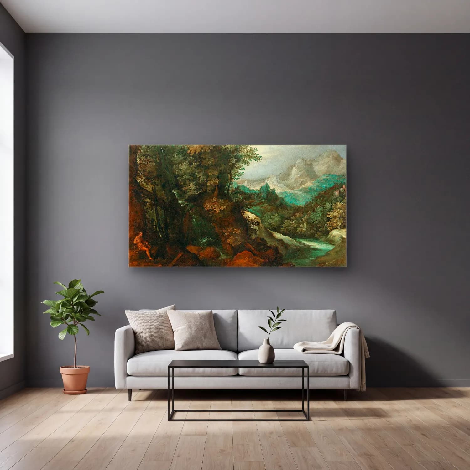Paul Bril – A mountainous river landscape with a hermit cam tablo — gri duvarlı salonda