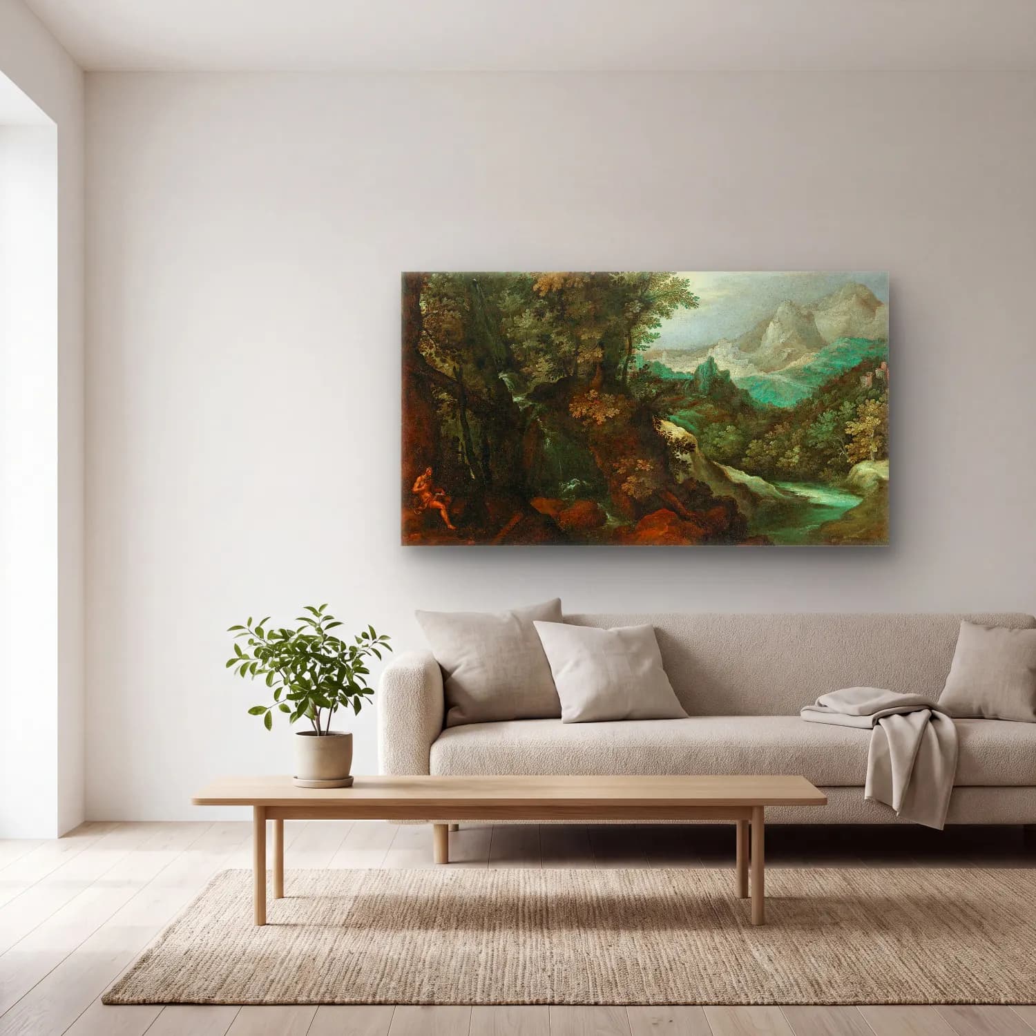 Paul Bril – A mountainous river landscape with a hermit cam tablo — açık renk salonda