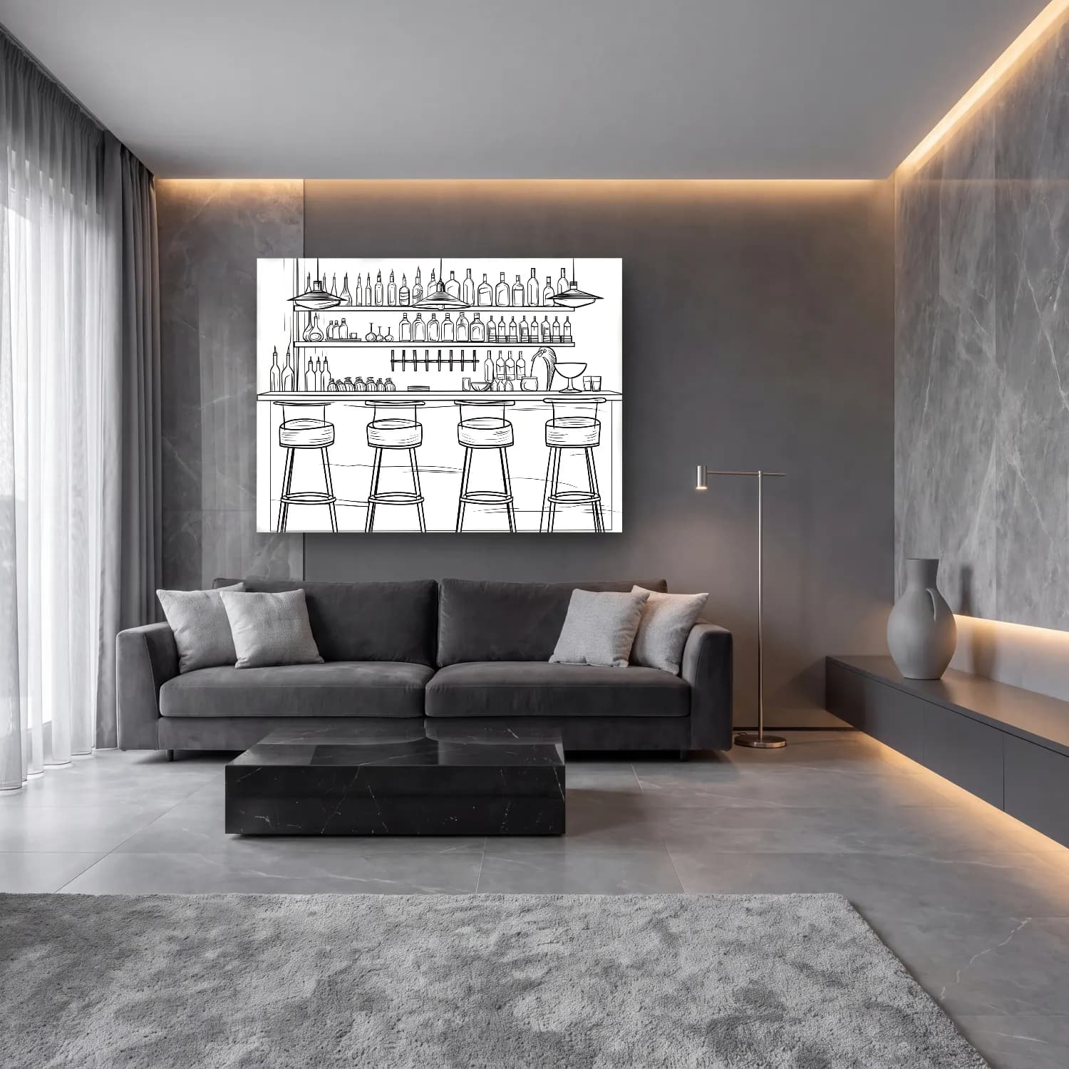 Çizgi Sanatı Kokteyl – Siyah Beyaz Tonlar cam tablo — lüks salon duvarında