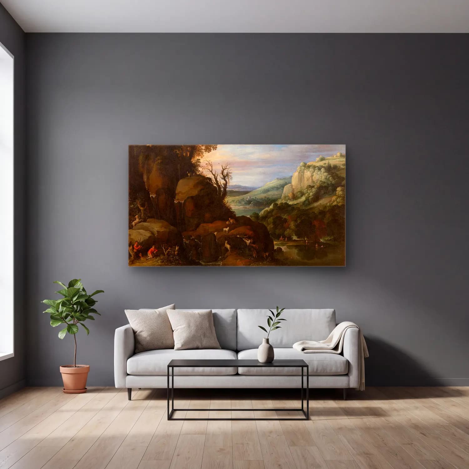 Paul Bril – Landscape cam tablo — gri duvarlı salonda
