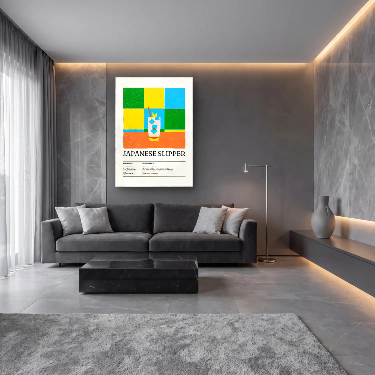 Pop Art Kokteyl – Sarı Tonlar cam tablo — lüks salon duvarında