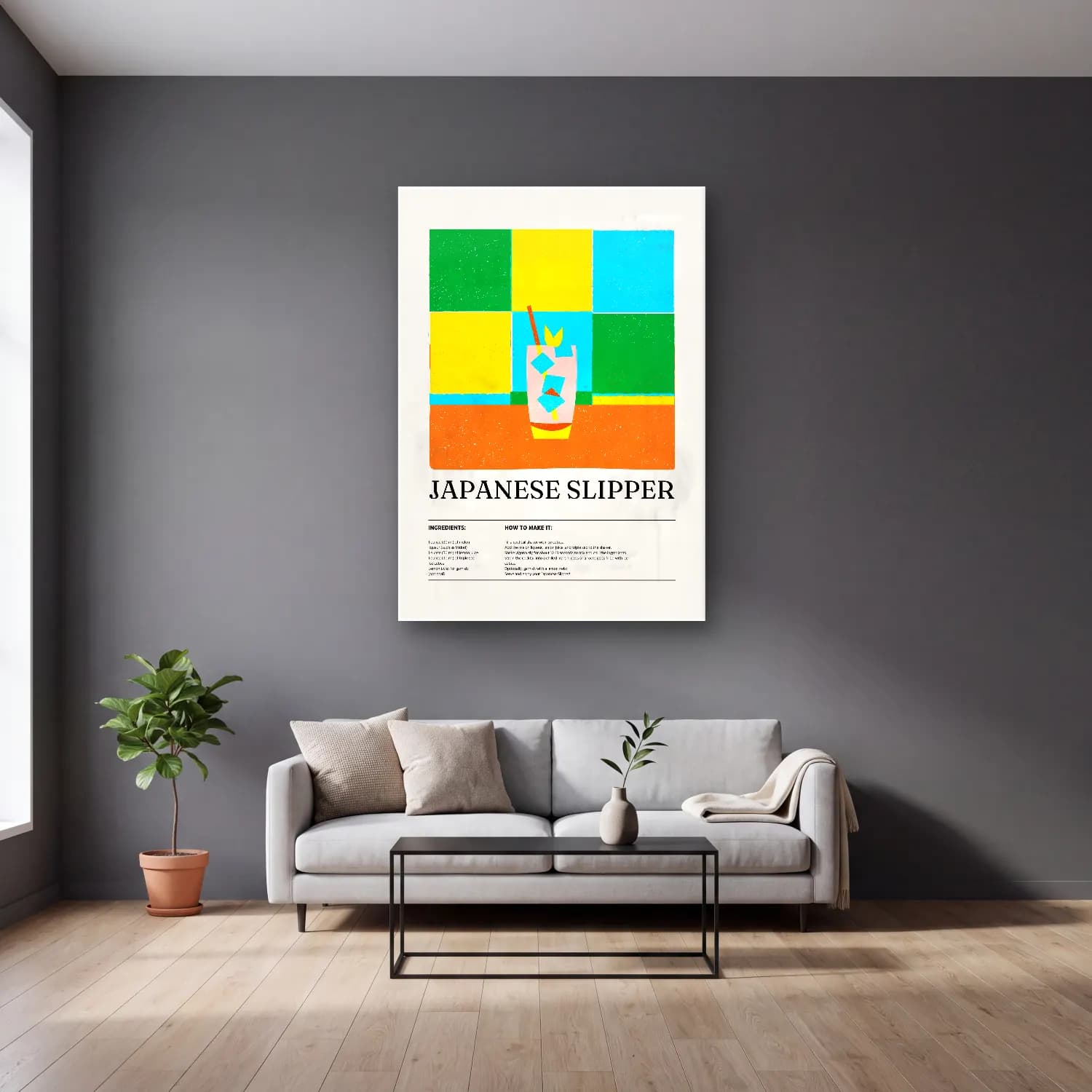 Pop Art Kokteyl – Sarı Tonlar cam tablo — gri duvarlı salonda
