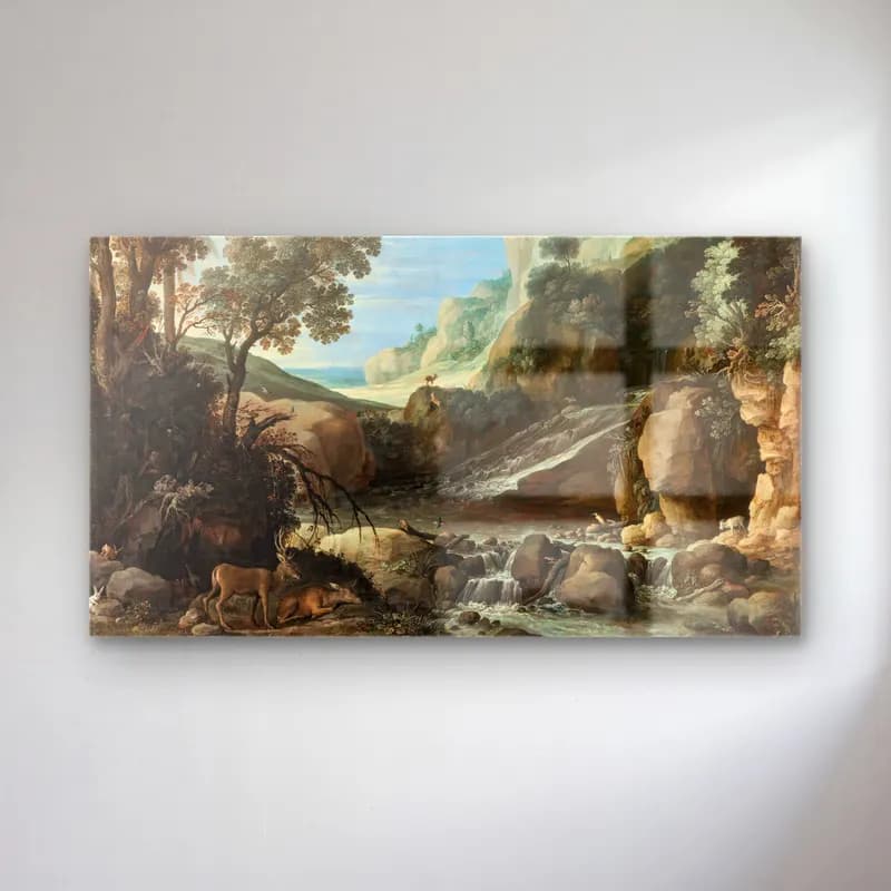Paul Bril – Mountainous Landscape With Wildlife Around A Cascade cam tablo — Paul Bril – Mountainous Landscape With Wildlife Around A Cascade — yağlı boya kırda nehir
