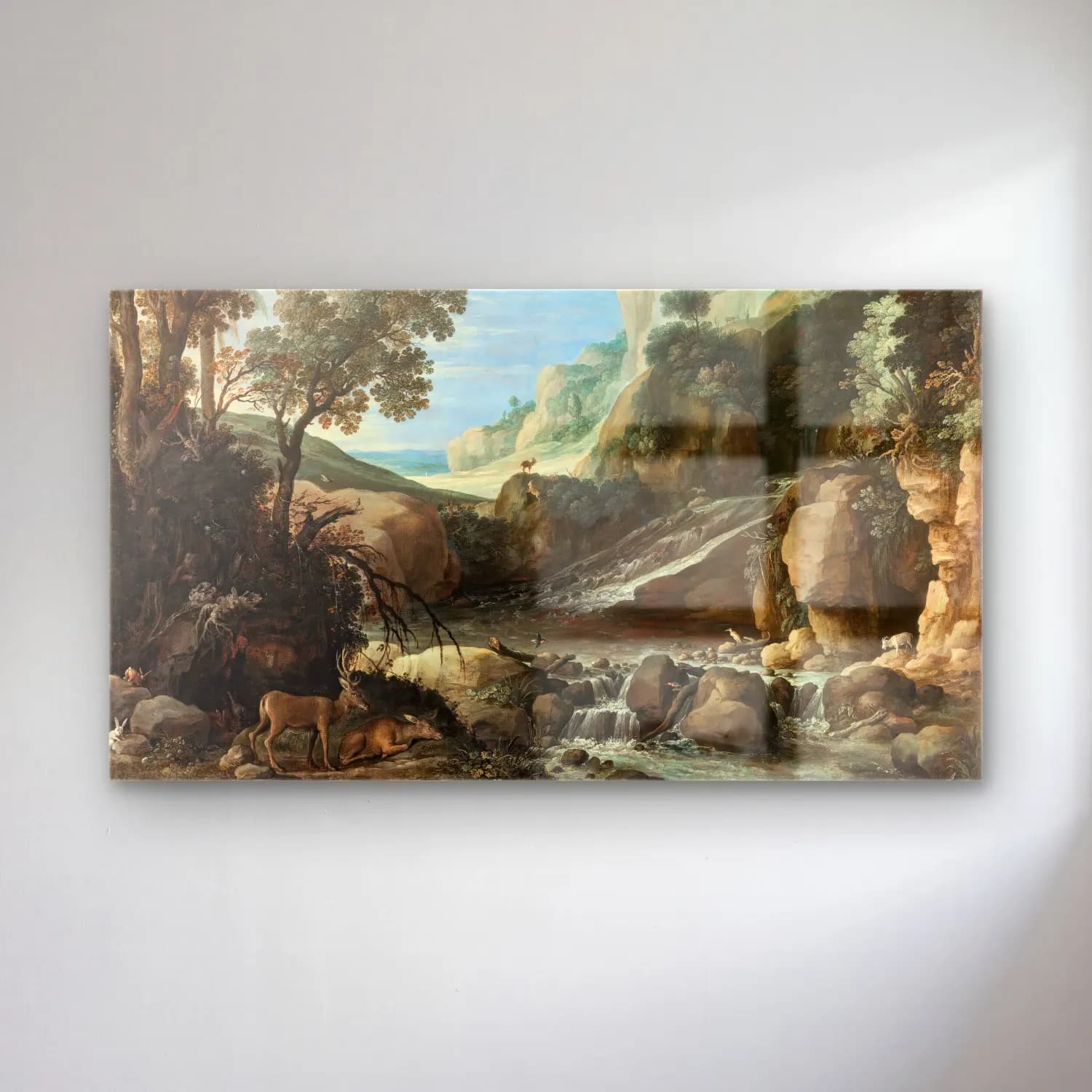 Paul Bril – Mountainous Landscape With Wildlife Around A Cascade cam tablo — Paul Bril – Mountainous Landscape With Wildlife Around A Cascade — yağlı boya kırda nehir