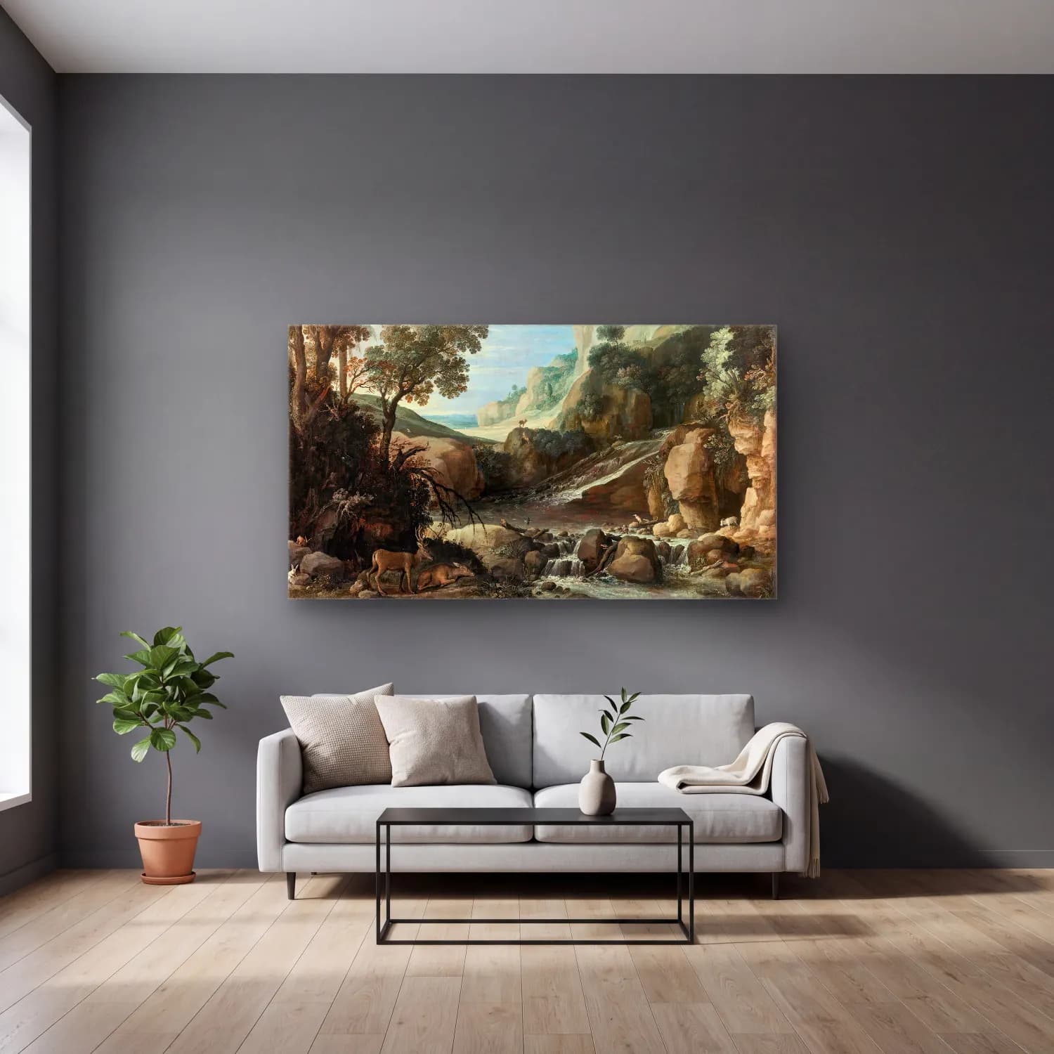 Paul Bril – Mountainous Landscape With Wildlife Around A Cascade cam tablo — gri duvarlı salonda