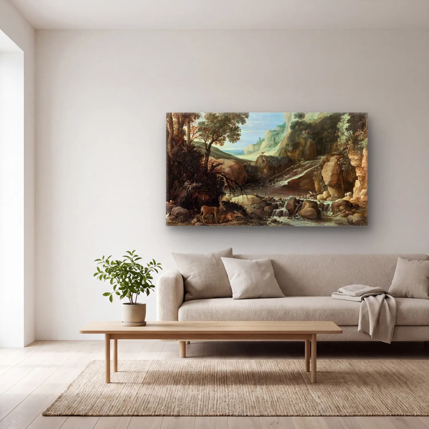 Paul Bril – Mountainous Landscape With Wildlife Around A Cascade cam tablo — açık renk salonda