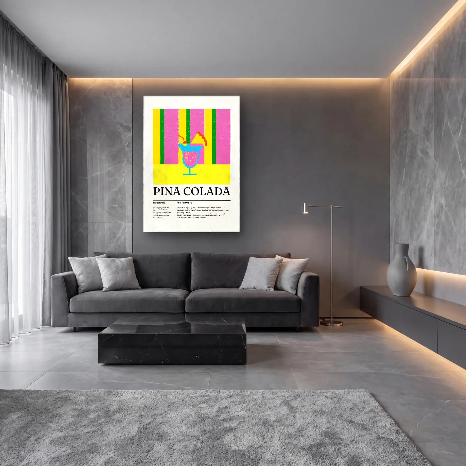 Pop Art Kokteyl No. 3 cam tablo — lüks salon duvarında