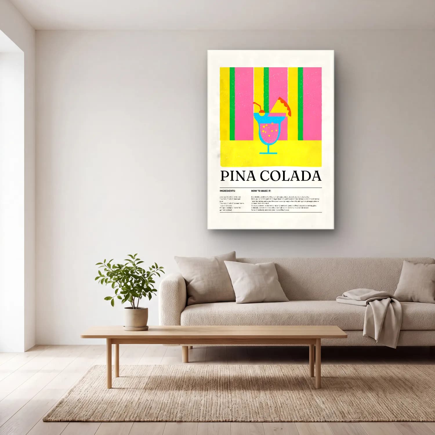 Pop Art Kokteyl No. 3 cam tablo — açık renk salonda