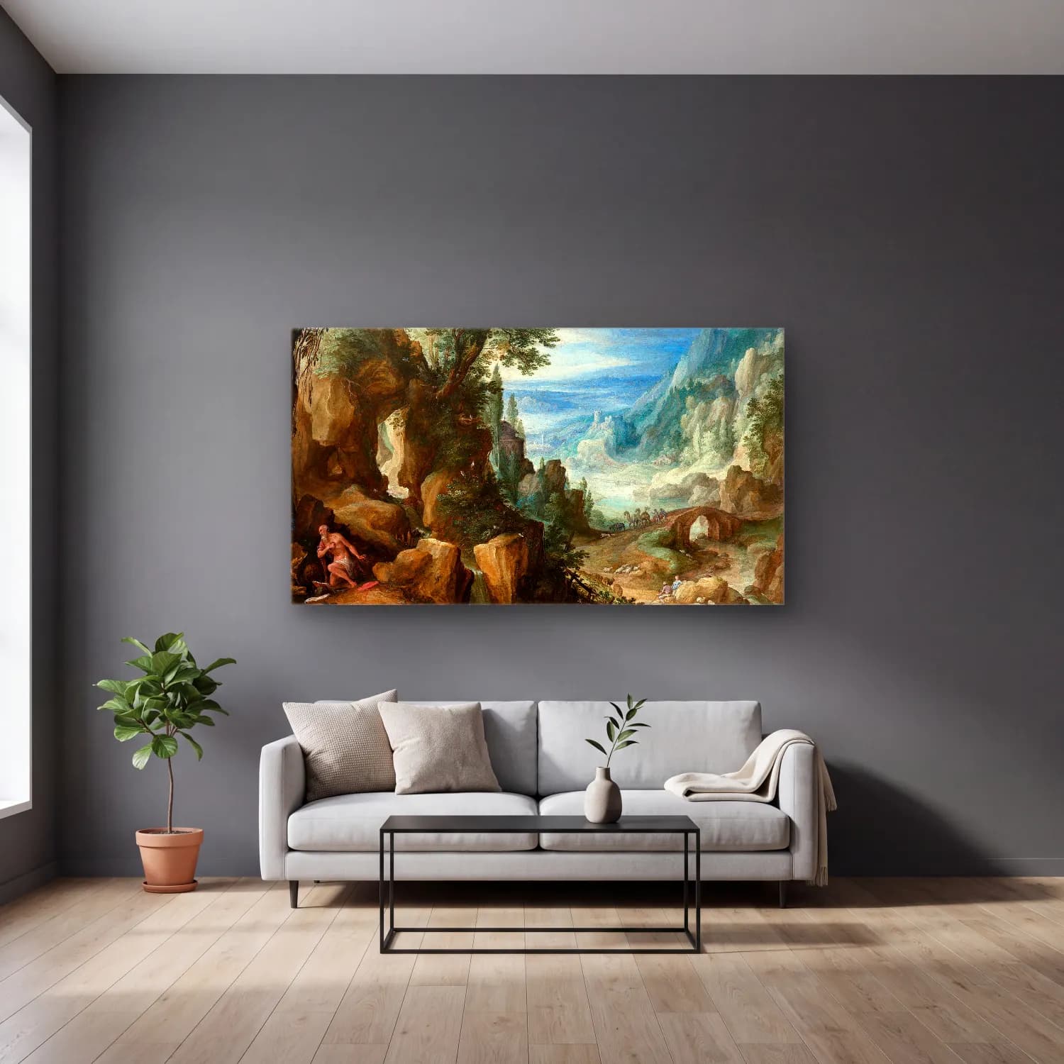 Paul Bril – Mountainous Landscape with Saint Jerome cam tablo — gri duvarlı salonda