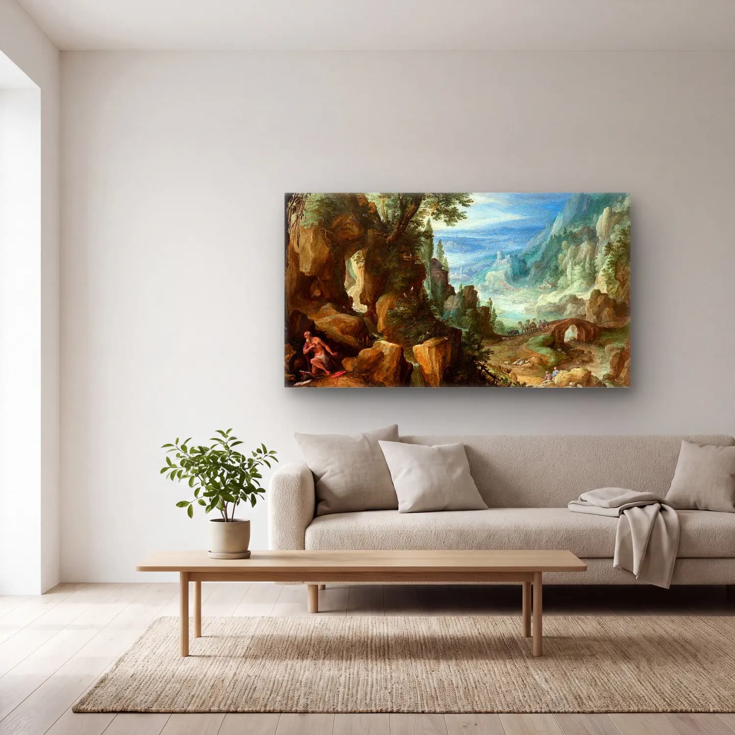 Paul Bril – Mountainous Landscape with Saint Jerome cam tablo — açık renk salonda