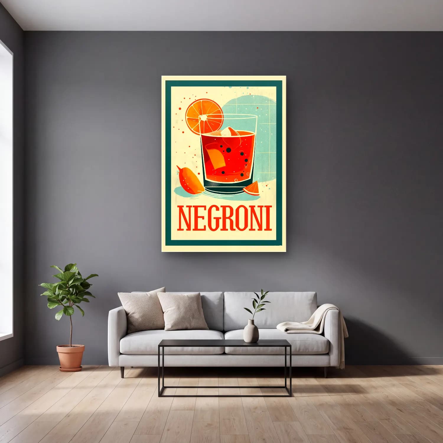 Vintage Poster Kokteyl No. 5 cam tablo — gri duvarlı salonda