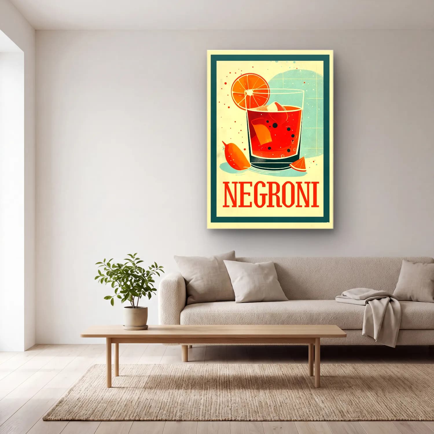 Vintage Poster Kokteyl No. 5 cam tablo — açık renk salonda