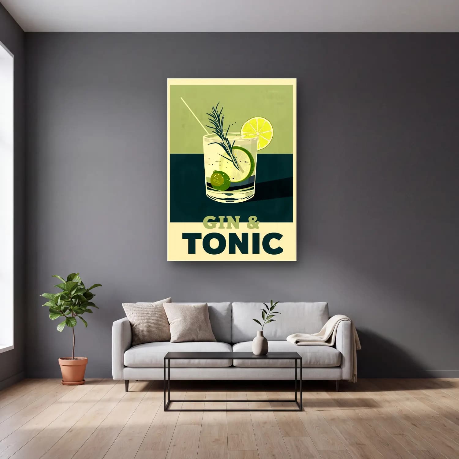 Vintage Poster Kokteyl – Yeşil Tonlar cam tablo — gri duvarlı salonda