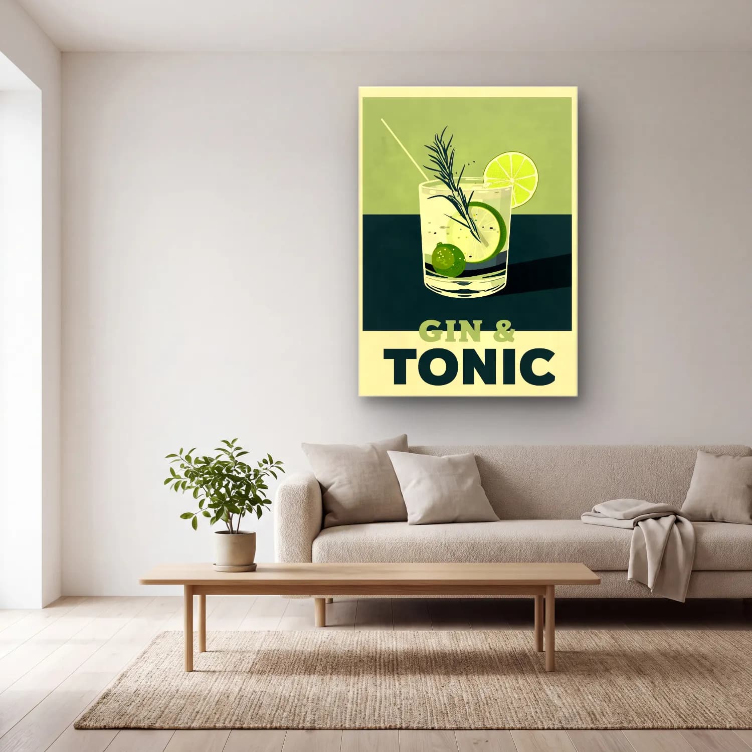 Vintage Poster Kokteyl – Yeşil Tonlar cam tablo — açık renk salonda