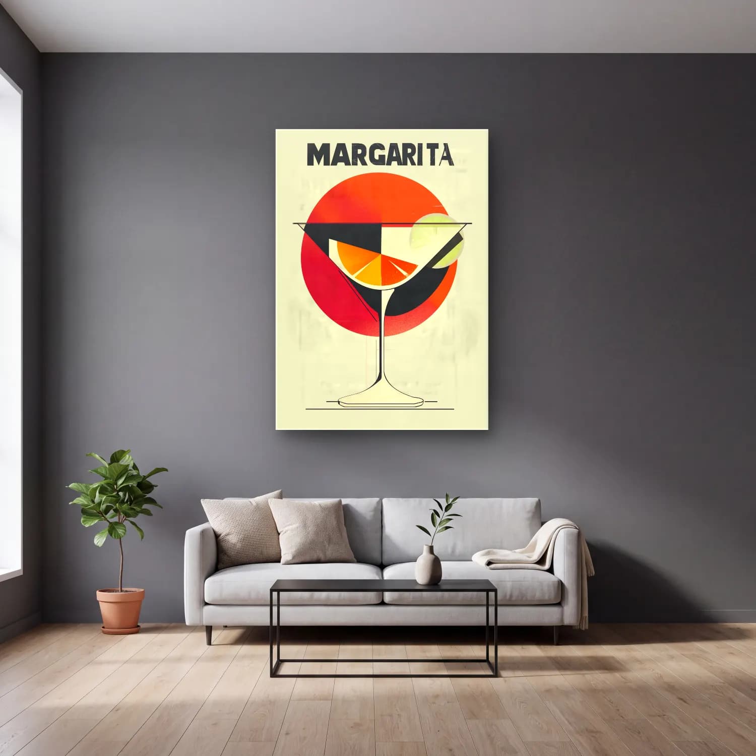 Vintage Poster Kokteyl No. 7 cam tablo — gri duvarlı salonda